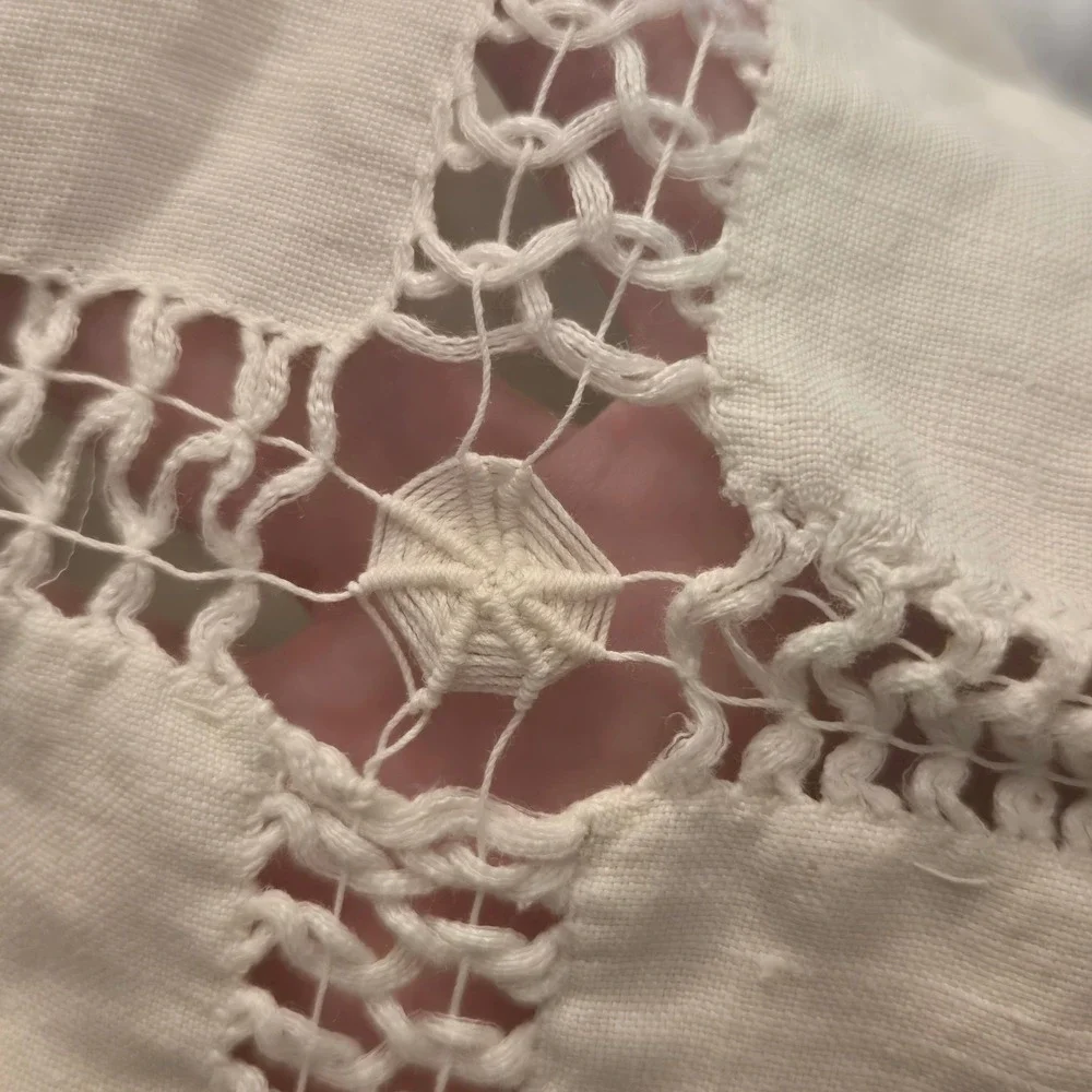 Off White Linen Hand Embroidered Crochet Lace Bedspread Victorian Clover Vtg